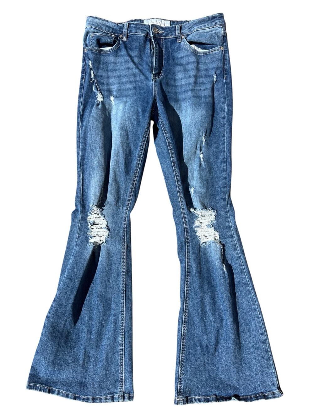 INDIGO REIGN Women's Blue Distressed Flared Jeans Size W(30) L (32.5)